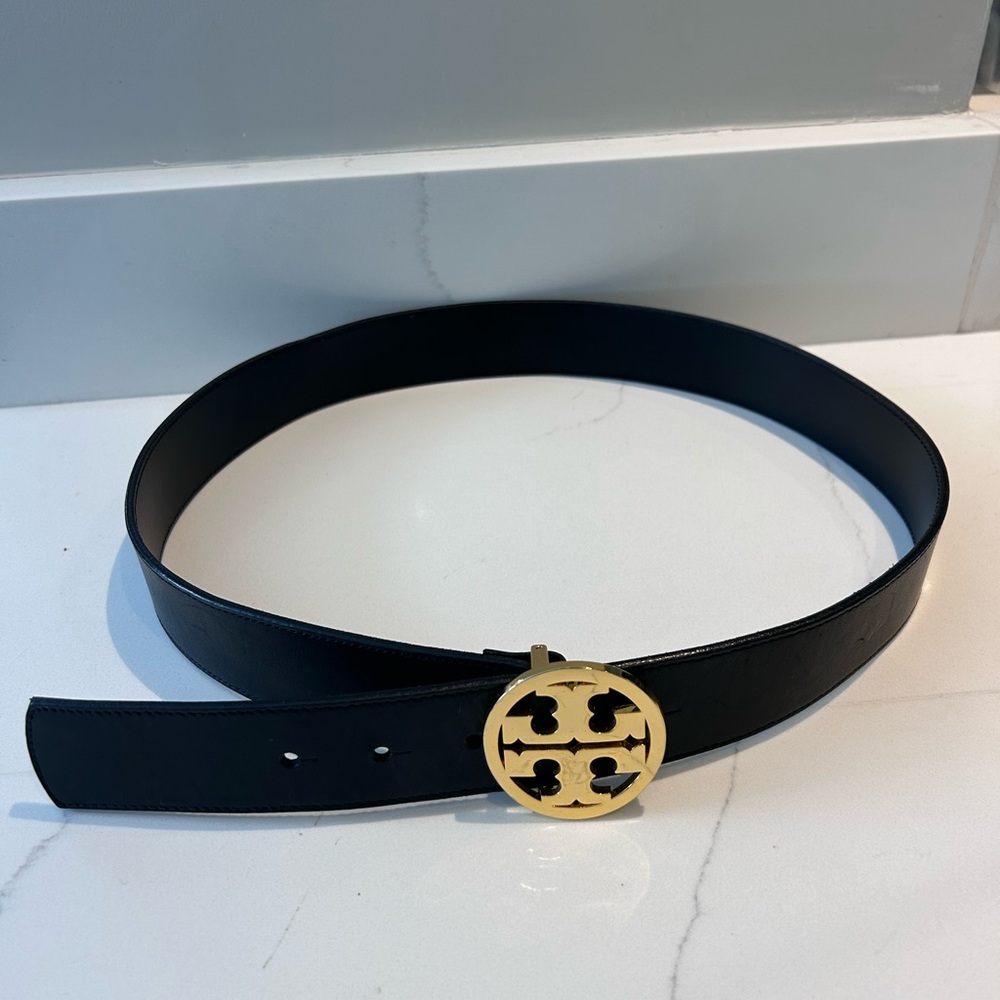 Tory Burch Black Leather Belt with Gold Logo Buckle